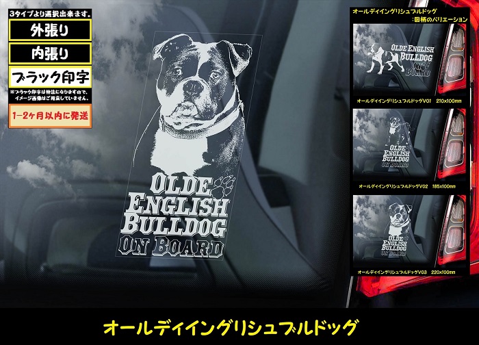 画像1: 【 オールディイングリシュブルドッグ 】 スモークウインドウ に映える ホワイト 印字 カーステッカー 【図柄バリエーション】【外張り 内張り ブラック印字】 大型犬 アメリカ Olde English Bulldog 【送料無料】【お取り寄せ】 === オールディ・イングリシュ・ブルドッグ オールド・イングリッシュ・ブルドッグ 犬 わんちゃん 愛犬 カー・ステッカー 外貼り 内貼り ウインドウ 白色印字 黒色印字 / ブラック印字は 白いボディに